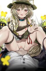 1boy 1girl :p absurdres animal_ears arknights bare_legs bare_shoulders beanstalk_(arknights) beanstalk_(elite_ii)_(arknights) blush bottomless braid braided_ponytail breasts clitoris clothes_lift cowgirl_position crop_top doctor_(arknights) domesticated_metal_crab_(arknights) femdom girl_on_top green_hair hair_between_eyes hat hetero highres hyena_ears hyena_girl hyena_tail infection_monitor_(arknights) jacket knees_up lifting_own_clothes long_hair looking_at_viewer m_legs male_doctor_(arknights) midriff naughty_face nipples no_bra no_panties nopetroto off_shoulder open_clothes open_jacket outdoors penis pussy pussy_juice red_eyes sex shirt_lift side_ponytail single_braid small_breasts solo_focus spread_legs straddling thigh_strap tongue tongue_out uncensored vaginal