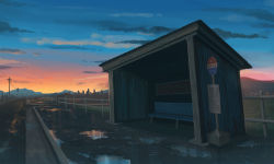 bench bus_stop evening fence grass highres mountain no_humans okayuu original outdoors power_lines puddle road rural scenery utility_pole