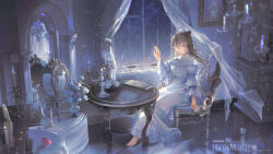 1girl apple barefoot black_bow book bow brown_hair candle candlestand cangchen chandelier chinese_commentary clock commentary_request commission curtains dress expressionless fire flower food frilled_dress frilled_sleeves frills fruit full_body grandfather_clock grey_eyes hair_between_eyes hair_bow hand_on_window highres indoors juliet_sleeves light_particles long_dress long_hair long_sleeves looking_at_viewer night on_chair open_mouth original painting_(object) picture_frame pink_flower plant potted_plant puffy_sleeves sample_watermark sitting sky solo star_(sky) starry_sky sugar_bowl table teapot toes vase very_long_hair watermark wavy_hair white_dress white_flower window