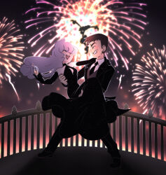 1boy 1girl alternate_costume anabel_(pokemon) blacephalon black_dress carrying closed_eyes cup dress fireworks full_body gen_7_pokemon holding holding_cup looker_(pokemon) necktie new_year night night_sky nintendo open_mouth pokemon pokemon_(creature) pokemon_sm princess_carry purple_hair sky sleeveless sleeveless_dress smile ultra_beast vergolophus