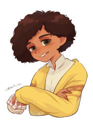1boy afro arepa brown_eyes brown_hair camilo_madrigal colombian_clothes curly_hair dark-skinned_male dark_skin encanto highres male_focus poncho shirt short_hair simple_background smile upper_body user_cwvk5558 white_shirt yellow_poncho