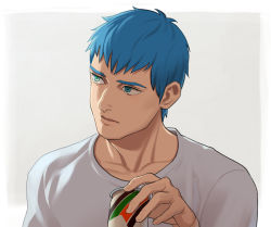 1boy bad_id bad_pixiv_id blue_eyes blue_hair can casual chirico_cuvie collarbone emma_(transformersera) hair_behind_ear holding holding_can leaning_forward looking_up male_focus shirt solo soukou_kihei_votoms upper_body white_shirt