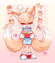 1boy animal_ears animal_nose apron blue_apron bowl closed_eyes commentary fangs felichiii fox_boy fox_ears fox_tail furry furry_male gloves highres holding holding_bowl male_focus multiple_tails open_mouth red_shoes shoes smile solo sonic_(series) tail tails_(sonic) two_tails white_gloves