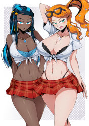 2girls american_school_uniform amesuku_gyaru bad_id bad_pixiv_id black_bra black_panties blue_eyes blue_hair bra breasts cleavage creatures_(company) dark-skinned_female dark_skin earrings eyewear_on_head front-tie_shirt front-tie_top game_freak glasses green_eyes gyaru highleg highleg_panties highres hoop_earrings jewelry kogal large_breasts looking_at_viewer microskirt midriff multicolored_hair multiple_girls navel necklace nessa_(pokemon) nintendo open_mouth orange_hair panties plaid_clothes plaid_skirt pokemon pokemon_swsh shimure_(460) shirt side_ponytail skirt smile sonia_(pokemon) take_your_pick thong tied_shirt two-tone_hair underwear