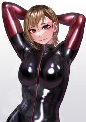 Rule 34 | absurdres, arms behind head, bodysuit, breasts, brown eyes, brown hair, gloves, highres, kilye kairi, latex, latex bodysuit, light smile, medium breasts, original, red gloves, short hair, simple background, skin tight, upper body, white background, zipper