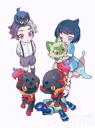 1boy 1girl aged_down amethio_(pokemon) black_hair blue_eyes blue_hair blush charcadet closed_mouth cowlick curly_hair dress eyelashes fangs gen_8_pokemon hair_ornament hatenna highres holding liko_(pokemon) mayona_(mayona1poke) multicolored_hair nintendo one_eye_closed open_mouth pokemon pokemon_(anime) pokemon_(creature) pokemon_horizons purple_eyes red_eyes shirt short_hair shorts smile sprigatito terapagos terapagos_(normal) white_shirt