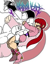 Rule 34 | 1girl, ass, boots, breasts, curvy, dress, female focus, gymnastics, heel up, huge ass, jacket, kaperuzo, kaperuzo4, large breasts, legs up, long hair, long sleeves, pale skin, ponytail, red hair, shermie (kof), skirt, smile, smiley face, the king of fighters, thick thighs, thighs, wrestling