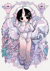 1girl absurdres angel angel_wings bear black_eyes black_hair breasts choker cleavage commentary_request creature empty_eyes flower highres iridescent looking_at_viewer mino_(kirarayakubou) nurse original pastel_colors rainbow shoes short_hair solo unicorn_horn wings