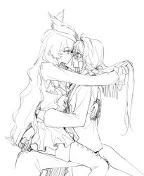 2girls blush boots closed_mouth coat f_et glasses greyscale hand_in_another&#039;s_hair hand_on_another&#039;s_waist hat isolde_(reverse:1999) kakania_(reverse:1999) long_hair monochrome multiple_girls pants ponytail reverse:1999 sitting sitting_on_lap sitting_on_person skirt smile thigh_boots yuri