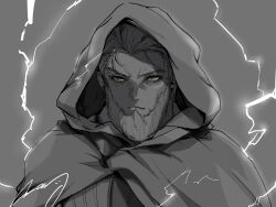 Rule 34 | 1boy, beard, brown eyes, cidolfus orlandeau, closed mouth, crazy02oekaki, facial hair, final fantasy, final fantasy tactics, grey background, hair slicked back, highres, hood, hood up, lightning, male focus, mature male, monochrome, short hair, signature, solo, spot color, upper body