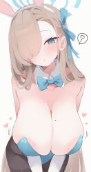 Rule 34 | 1girl, animal ears, areola slip, asuna (blue archive), asuna (bunny) (blue archive), bare shoulders, blue archive, blue eyes, blush, breasts, cleavage, fake animal ears, hair over one eye, halo, highres, hone kawa, large breasts, leotard, long hair, looking at viewer, open mouth, playboy bunny, solo