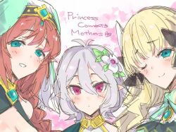 3girls ;) antenna_hair aqua_eyes blonde_hair braid breasts brown_hair cleavage cleavage_cutout clothing_cutout commentary crossed_out elf grey_hair grin hair_between_eyes heart ito_ryo kokkoro_(princess_connect!) long_braid long_hair looking_at_viewer misato_(princess_connect!) multiple_girls one_eye_closed pink_eyes pointy_ears princess_connect! saren_(princess_connect!) short_hair single_braid smile spoken_heart trait_connection