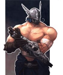 1boy arm_mounted_weapon arms_up bandaged_arm bandages bare_pectorals bare_shoulders belt belt_buckle biceps brown_gloves buckle chest_hair cowboy_shot elden_ring elden_ring_nightreign facing_viewer gloves helmet highres kartinonos male_focus muscular muscular_male outline pectorals simple_background solo topless_male white_outline winged_helmet wylder_(elden_ring)