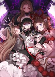 4girls absurdres animal_ears apron bear_ears black_dress black_hair bonnet brown_hair choker closed_mouth dress e.g.o_(project_moon) flower grey_dress hex_nail_(e.g.o) highres indicant&#039;s_trial_(e.g.o) la_manchaland_(identity)_(project_moon) limbus_company long_hair looking_at_another looking_at_viewer maid_headdress multiple_girls project_moon purple_bonnet purple_umbrella red_choker red_eyes red_flower red_rose rodion_(project_moon) rose ryoshu_(project_moon) simple_background standing stitches umbrella upper_body white_apron white_background wuthering_heights_(identity)_(project_moon) yue_doux