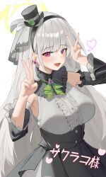 1girl absurdres black_skirt blue_archive blush breasts detached_sleeves double_v dress earrings fang frills grey_hair hairband halo happy05x hat heart highres jewelry large_breasts long_hair looking_at_viewer mini_hat official_alternate_costume open_mouth pink_nails red_eyes sakurako_(blue_archive) sakurako_(idol)_(blue_archive) simple_background skirt smile solo top_hat v white_background yellow_halo