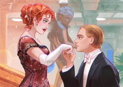 Rule 34 | 1boy, 1girl, artist name, black jacket, blonde hair, blue eyes, bow, bowtie, collared shirt, elbow gloves, from side, gloves, hair slicked back, jack dawson, jacket, luztapiaart, open clothes, open jacket, orange hair, rose dewitt bukater, shirt, short hair, titanic (movie), watermark, white bow, white bowtie, white gloves, white shirt