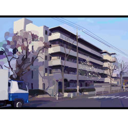 box_truck building day highres kmshin01 letterboxed motor_vehicle no_humans original outdoors power_lines road scenery street tree truck