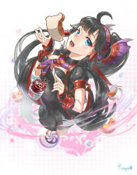 1girl black_hair blue_eyes bread bread_slice cup dress female_focus food food_on_face hairband highres jam jar long_hair necktie nephthys_(p&amp;d) open_mouth puzzle_&amp;_dragons ranyu ranyu_kuro solo table_knife tea teacup toast upper_body