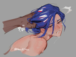 2boys blue_hair commentary crying dark-skinned_male dark_skin english_commentary english_text grabbing_another&#039;s_hair grey_background gundam gundam_gquuuuuux highres implied_sex implied_yaoi male_focus multiple_boys nomaumona open_mouth red_eyes short_hair shuji_ito simple_background solo_focus suggestive_fluid topless_male