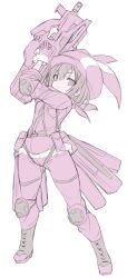 1girl animal_ears animal_hat arms_up ass black_boots boots breasts brown_hair bullpup newsboy_cap closed_mouth fake_animal_ears full_body fur-trimmed_gloves fur_trim gloves grey_eyes gun hair_between_eyes hat holding holding_gun holding_weapon jacket karukan_(monjya) lace-up_boots llenn_(sao) long_sleeves p90 pants pink_gloves pink_hat pink_jacket pink_pants rabbit_ears simple_background small_breasts solo standing submachine_gun sword_art_online sword_art_online_alternative:_gun_gale_online weapon white_background