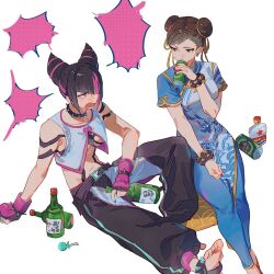 2girls baggy_pants black_hair blue_leggings bracelet brown_eyes brown_hair can capcom china_dress chinese_clothes chun-li collar double_bun dress earrings fingerless_gloves glass_bottle gloves hair_bun hair_horns han_juri highres jewelry leggings multicolored_hair multiple_girls navel padded_gloves pants pelvic_curtain purple_eyes sitting spiked_anklet spiked_collar spikes streaked_hair street_fighter street_fighter_6 toeless_legwear yumi_xsh