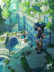 Rule 34 | 2girls, absurdres, against railing, airplane arms, alternate costume, alternate hairstyle, armband, bag, black armband, black gloves, black shorts, blue boots, blue eyes, blue hair, blue hat, blue shoes, blush, boots, bridge, building, cirno, collared jacket, compass, daiyousei, dated, doggo 1d34, dress, fairy wings, flood, gloves, goggles, goggles on headwear, grass, green hair, hairband, hand on headwear, hand on own hip, hat, hat ornament, hat ribbon, highres, ice, ice wings, jacket, jewelry, landscape, layered clothes, layered dress, looking at viewer, medium hair, multicolored dress, multiple girls, necklace, open clothes, open jacket, open mouth, orange socks, outstretched arms, overall skirt, overalls, parted bangs, ponytail, railing, red boots, red shoes, red socks, ribbon, ruins, shoes, short sleeves, shorts, signature, sleeves rolled up, smile, socks, spread arms, stairs, stone building, stone stairs, teeth, touhou, underwater, underwater city, vegetation, visor cap, water, white dress, white gloves, white jacket, wings, yellow bag, yellow hairband, yellow ribbon