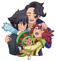 1girl 2boys :d absurdres alain_(pokemon) animal augustine_sycamore bandana black_hair black_shirt blue_eyes brown_hair chespin closed_eyes facial_hair gen_6_pokemon hand_on_another&#039;s_head hand_on_another&#039;s_shoulder highres holding holding_animal hug mairin_(pokemon) medium_hair multiple_boys nintendo open_mouth owleeve pokemon pokemon_(anime) pokemon_(creature) pokemon_xy shirt smile stubble yellow_bandana