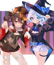 2girls bead_necklace beads black_hat black_jacket black_shirt blue_bow blue_eyes blue_hair blush bow breasts brown_dress brown_hair brown_hat brown_shorts candy dress flower-shaped_pupils food furina_(genshin_impact) genshin_impact hair_between_eyes hair_bun hat hat_bow heterochromia highres holding holding_candy holding_food holding_lollipop hu_tao_(genshin_impact) jacket jewelry lollipop long_hair long_sleeves looking_at_viewer multicolored_hair multiple_girls necklace ofuda open_mouth red_eyes red_nails shirt shorts single_hair_bun small_breasts smile streaked_hair symbol-shaped_pupils tongue tongue_out tsukise_miwa white_hair white_shorts witch_hat