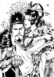 Rule 34 | arm around shoulder, armor, beard, breasts, butterfly hair ornament, cleavage, eyelashes, facial hair, fur collar, hair ornament, hand on another&#039;s head, husband and wife, large breasts, lips, lipstick, makeup, mole, mole under mouth, monochrome, mustache, nouhime, oda nobunaga, parted bangs, sengoku musou, spiked hair, sword, topknot, weapon