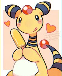 :q ampharos artist_name blush blush_stickers commentary_request food gen_2_pokemon heart holding holding_food holding_popsicle nintendo no_humans pokemon pokemon_(creature) pokemon_focus popsicle smile solo tansho tongue tongue_out