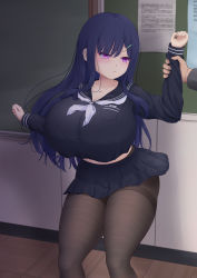 Rule 34 | 1girl, black hair, blush, breasts, curvy, hair ornament, highres, huge breasts, long hair, lv 249, original, pantyhose, purple eyes, standing, thick thighs, thighs