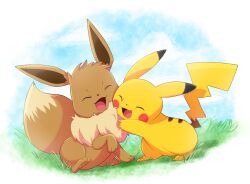 animal_focus closed_eyes eevee gen_1_pokemon grass happy harara_mk2 highres hug nintendo no_humans open_mouth outdoors pikachu pokemon pokemon_(creature) sitting smile standing tail