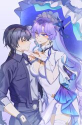 Rule 34 | 1boy, 1girl, absurdres, bailiansheng164, cantarella (wuthering waves), dress, facial mark, flower, frilled umbrella, frills, hair flower, hair ornament, headdress, highres, holding, holding umbrella, male rover (wuthering waves), mark under eye, parasol, purple hair, rover (wuthering waves), shrug (clothing), umbrella, white dress, white shrug, white umbrella, wuthering waves