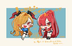 2girls alternate_costume alternate_hairstyle artist_name arts_shirt asymmetrical_bangs black_horns blonde_hair blue_background blush blush_stickers buster_shirt dragon_horns facial_mark fate/grand_order fate_(series) finger_heart goma1021 hair_over_one_eye heart high_ponytail highres horns long_hair looking_at_viewer multiple_girls nero_claudius_(fate) oda_nobunaga_(fate) oda_nobunaga_(maou_avenger)_(fate) open_mouth pointy_ears ponytail queen_draco_(fate) queen_draco_(third_ascension)_(fate) red_eyes red_hair shorts simple_background smile swimsuit two-tone_background very_long_hair white_background