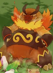 1boy 1girl ^_^ animal_feet animal_hands animal_nose black_fur blush body_fur breath claws closed_eyes closed_mouth cloud colored_skin covered_navel drooling emboar english_text fangs fangs_out flat_chest furry furry_male gen_5_pokemon grass gredtrain green_background green_hair green_leotard green_skin green_sky hands_on_own_hips hands_up happy highres hisuian_lilligant knee_up leaf leotard looking_down lying monster_girl multicolored_fur multicolored_skin multiple_views nintendo nose_blush on_back on_ground orange_fur outdoors pink_skin plant_girl pokemon pokemon_(creature) raised_eyebrows red_eyes red_fur saliva shoes sitting sitting_on_face sitting_on_person size_difference sky smile spread_legs steam steaming_body sweat talking tears thick_thighs thighs tongue tongue_out white_skin yellow_fur yellow_shoes