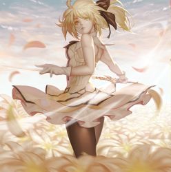 Rule 34 | 1girl, absurdres, artoria pendragon (fate), bare shoulders, black pantyhose, blonde hair, breasts, dress, fate/stay night, fate/unlimited codes, fate (series), female focus, field, flower, flower field, from behind, gloves, green eyes, hair ribbon, highres, holding, holding sword, holding weapon, long hair, looking at viewer, looking back, medium breasts, pantyhose, ribbon, saber lily, solo, sword, tollrin-senpai, weapon, white dress, white gloves