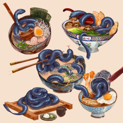 animal blue_eyes bowl chives chopsticks cup fangs food food_focus forked_eyebrows full_body in_bowl in_container in_food leaf mini-moss miso_soup mouth_hold multiple_views mushroom no_humans noodles original partially_submerged ramen scrambled_egg seigaiha shiitake shrimp shrimp_tempura simple_background slit_pupils snake soup spoon tempura tongue tongue_out wasabi yellow_background