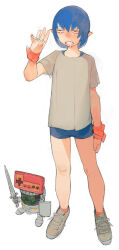 1girl blue_hair commentary controller freckles full_body game_controller highres holding holding_shield holding_sword holding_weapon original robot saliva shield short_hair short_sleeves shorts single_tear sword teeth umezawa_michiko weapon