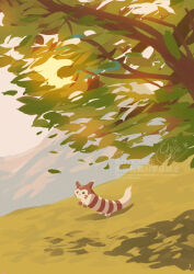 commentary_request day falling_leaves furret gen_2_pokemon grass leaf nintendo no_humans orange_(orangelv20) outdoors pokemon pokemon_(creature) pokemon_focus signature solo tree watermark