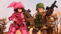 2girls absurdres ammunition ammunition_pouch blonde_hair brown_eyes brown_hair bulletproof_vest bullpup corp dual_wielding explosive forest fukaziroh_(sao) grenade grenade_cartridge grenade_launcher gun helmet highres holding leg_holster leggings light_smile llenn_(sao) load_bearing_equipment magazine_(weapon) military military_combat_uniform military_uniform milkor_mgl multiple_girls nature p90 personal_defense_weapon pink_eyes pouch revolver_grenade_launcher shorts smile submachine_gun sword_art_online sword_art_online_alternative:_gun_gale_online weapon