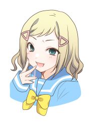 1girl :d blonde_hair blue_sailor_collar blue_shirt blush bow commentary_request cropped_torso fang green_eyes hair_ornament hairclip happy highres hikaru_(ofuton_at5) looking_at_viewer medium_hair minami_koharu nail_polish open_mouth pink_nails sailor_collar school_uniform serafuku shirt simple_background skin_fang smile smug solo split_mouth triangle_hair_ornament upper_body watashi_ga_motenai_no_wa_dou_kangaetemo_omaera_ga_warui! wavy_hair white_background yellow_bow