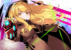 Rule 34 | &gt;:(, 1girl, absurdres, blonde hair, book, brown eyes, brown hat, brown shirt, brown skirt, commentary request, etrian odyssey, frilled shirt, frills, hat, highres, holding, holding book, light frown, long hair, long sleeves, looking at viewer, nikki kyousuke, open book, print shirt, sekaiju no meikyuu, sekaiju no meikyuu 3, shirt, signature, skirt, sleeves past wrists, solo, star (symbol), star print, v-shaped eyebrows, very long hair, watermark, zodiac (sekaiju), zodiac 4 (sekaiju)
