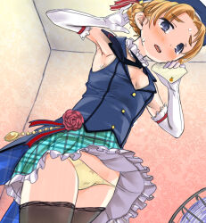1girl black_pantyhose blue_eyes blush braid breasts cleavage clothes_pull elbow_gloves electric_fan girls_und_panzer gloves highres indoors miniskirt nabeyu open_mouth orange_hair orange_pekoe_(girls_und_panzer) panties pantyhose pantyhose_pull skirt small_breasts solo underwear white_gloves yellow_panties