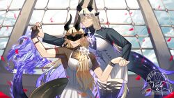 Rule 34 | 2girls, absurdres, arknights, black gloves, black horns, black shirt, black thighhighs, blonde hair, closed mouth, dragon horns, dragon tail, dress, eye mask, fire, flame-tipped tail, flower, gloves, hair flower, hair ornament, hair over one eye, highres, horns, infection monitor (arknights), light in heart, long hair, long sleeves, multiple girls, multiple horns, necrass (arknights), parted lips, purple fire, reed (arknights), reed the flame shadow (arknights), shirt, short sleeves, single glove, tail, thighhighs, torn clothes, torn thighhighs, visla, white dress, white flower