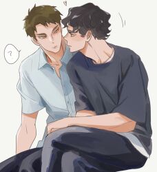 2boys ? adam&#039;s_apple arm_on_own_leg black_hair black_pants black_shirt brown_hair buttons closed_mouth collared_shirt commentary eye_contact feet_out_of_frame haikyuu!! heart hk_smith_man invisible_chair layered_clothes looking_at_another male_focus multiple_boys open_collar pants sakusa_kiyoomi shirt short_hair short_sleeves simple_background sitting speech_bubble spoken_question_mark thick_eyebrows ushijima_wakatoshi wavy_hair white_background white_shirt wing_collar yaoi
