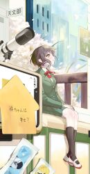 1girl absurdres bandaid bang_dream! bang_dream!_it&#039;s_mygo!!!!! black_socks brown_eyes cellphone cherry_blossoms commentary_request green_jacket green_skirt grey_hair highres jacket kiska_(mnvy2332) kneehighs neck_ribbon open_mouth phone pleated_skirt postage_stamp red_ribbon ribbon school_uniform shoes short_hair sitting skirt smartphone socks solo streetcar takamatsu_tomori telescope translated white_shoes