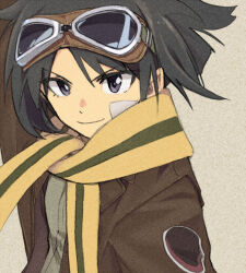 &gt;:) 1girl arm_up bandage_on_face bandages black_hair brave_witches brown_jacket commentary_request dot_nose eyebrows_hidden_by_hair floating_hair goggles goggles_on_head green_scarf grey_background grey_shirt hair_flaps jacket kanno_naoe leather leather_jacket looking_at_viewer parted_bangs patch scarf shiratama_(hockey) shirt shoulder_patch sidelocks smile solo two-tone_scarf upper_body v-shaped_eyebrows world_witches_series yellow_scarf