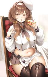1girl absurdres apron belly black_thighhighs bready_(nikke) breasts brown_eyes brown_hair cake cake_slice chair cherry commentary english_commentary food fruit goddess_of_victory:_nikke grey_neckerchief grey_skirt hair_ribbon hat highres holding holding_cake holding_food large_breasts long_hair long_sleeves looking_to_the_side low_twintails midriff minus_zero69 navel neckerchief on_chair open_mouth plump ribbon shirt sitting skirt solo table thick_thighs thighhighs thighs tongue tongue_out twintails waist_apron white_apron white_hat white_shirt yellow_ribbon