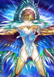 1girl armored_boots blue_background blue_eyes blue_hair boots bright_pupils cape closed_mouth colored_eyelashes covered_navel cowboy_shot fate/grand_order fate_(series) floating_hair game_cg gloves gluteal_fold gold_boots gold_cape green_hair groin headdress highleg highleg_leotard hiroe_rei kukulkan_(fate) kukulkan_(third_ascension)_(fate) legs_apart leotard long_hair long_sidelocks looking_at_viewer official_art outstretched_crossed_arms sidelocks solo spoilers straight-on thigh_boots thighhighs third-party_source two-sided_cape two-sided_fabric very_long_hair white_gloves white_leotard white_pupils white_thighhighs