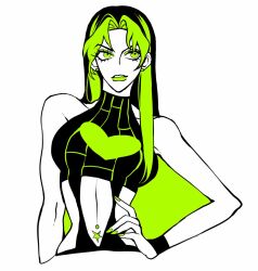 Rule 34 | 1girl, alternate hairstyle, clamchowder55, commentary request, earrings, eyelashes, green hair, green lips, green nails, halterneck, hand on own hip, highres, jewelry, jojo no kimyou na bouken, korean commentary, kuujou jolyne, long hair, looking to the side, monochrome, navel, parted bangs, parted lips, simple background, solo, stone ocean, upper body, white background, wristband